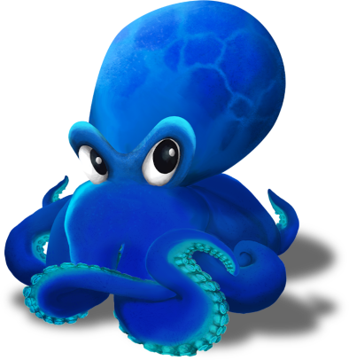 La mascotte du jeu Aby, un genre de poulpe de couleur bleu